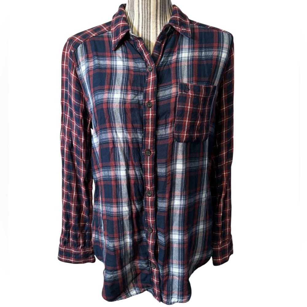 Abercrombie & Fitch Flannel Shirt Medium Red Navy White Plaid Button-Up Viscose